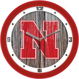 MpDirect - Nebraska Huskers 11.5'' Suntime Premium Glass Face Weathered Wood Wall Clock - Multicolor