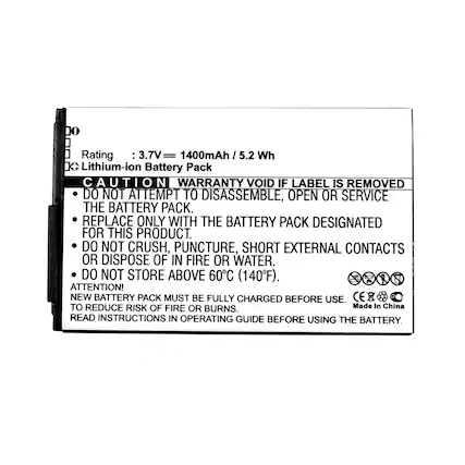 10 Rating: 3.7V - 1400mAh / 5.2 Wh
1+ Lithium-ion Battery Pack
CAUTION
WARRANTY VOID IF LABEL IS REMOVED
DO NOT ATTEMPT TO DISASSEMBLE, OPEN OR SERVICE THE BATTERY PACK.
REPLACE ONLY WITH THE BATTERY PACK DESIGNATED FOR THIS PRODUCT.
DO NOT CRUSH, PUNCTURE, SHORT EXTERNAL CONTACTS OR DISPOSE OF IN FIRE OR WATER.
DO NOT STORE ABOVE 60°C (140°F).
ATTENTION!
NEW BATTERY PACK MUST BE FULLY CHARGED BEFORE USE. TO REDUCE RISK OF FIRE OR BURNS.
READ INSTRUCTIONS IN OPERATING GUIDE BEFORE USING THE BATTERY.
Made In China