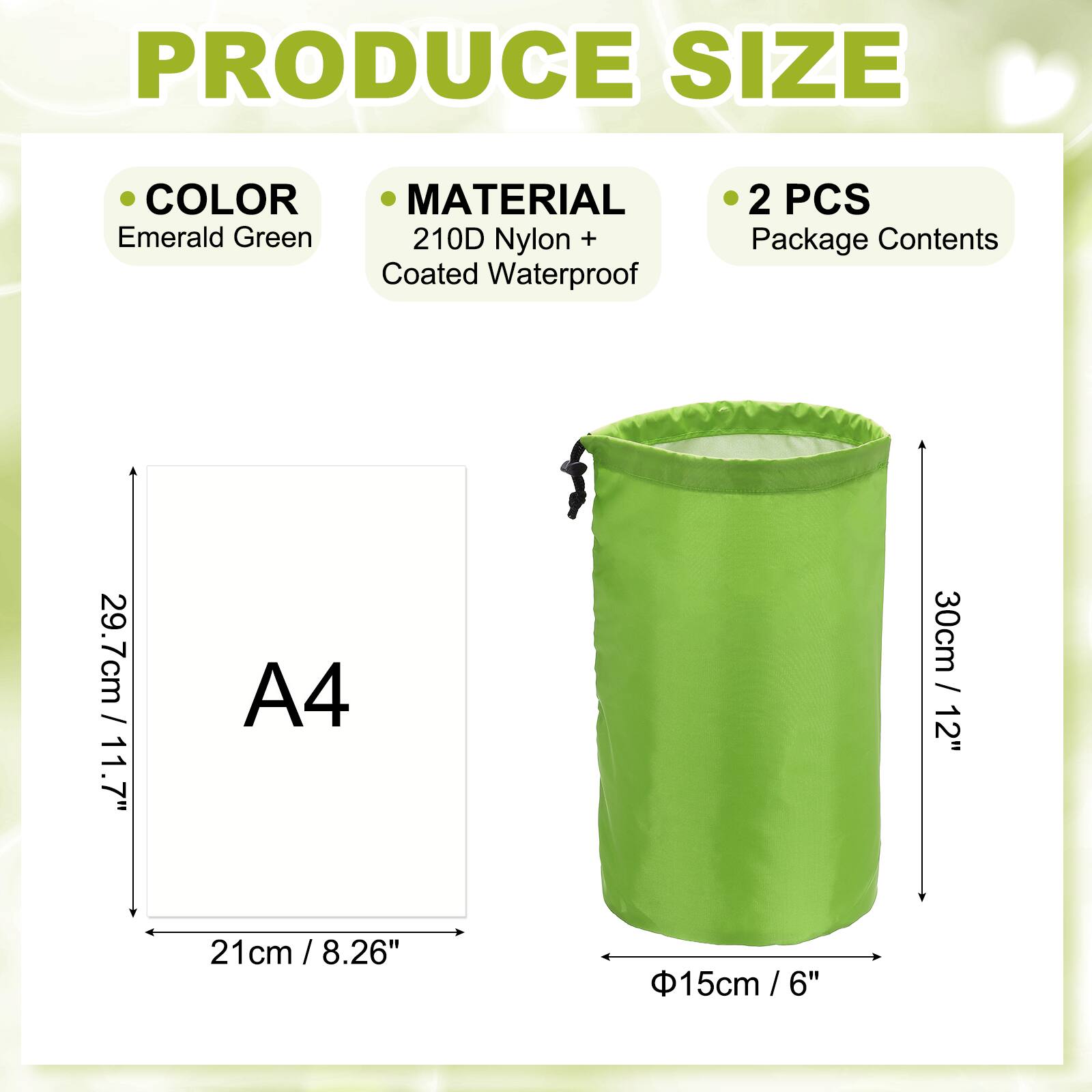 **PRODUCE SIZE**

- **COLOR**  
  Emerald Green

- **MATERIAL**  
  210D Nylon + Coated Waterproof

- **2 PCS**  
  Package Contents

- **A4**  
  29.7cm / 11.7"  
  21cm / 8.26"

- **Dimensions**  
  30cm / 12"  
  Ø15cm / 6"