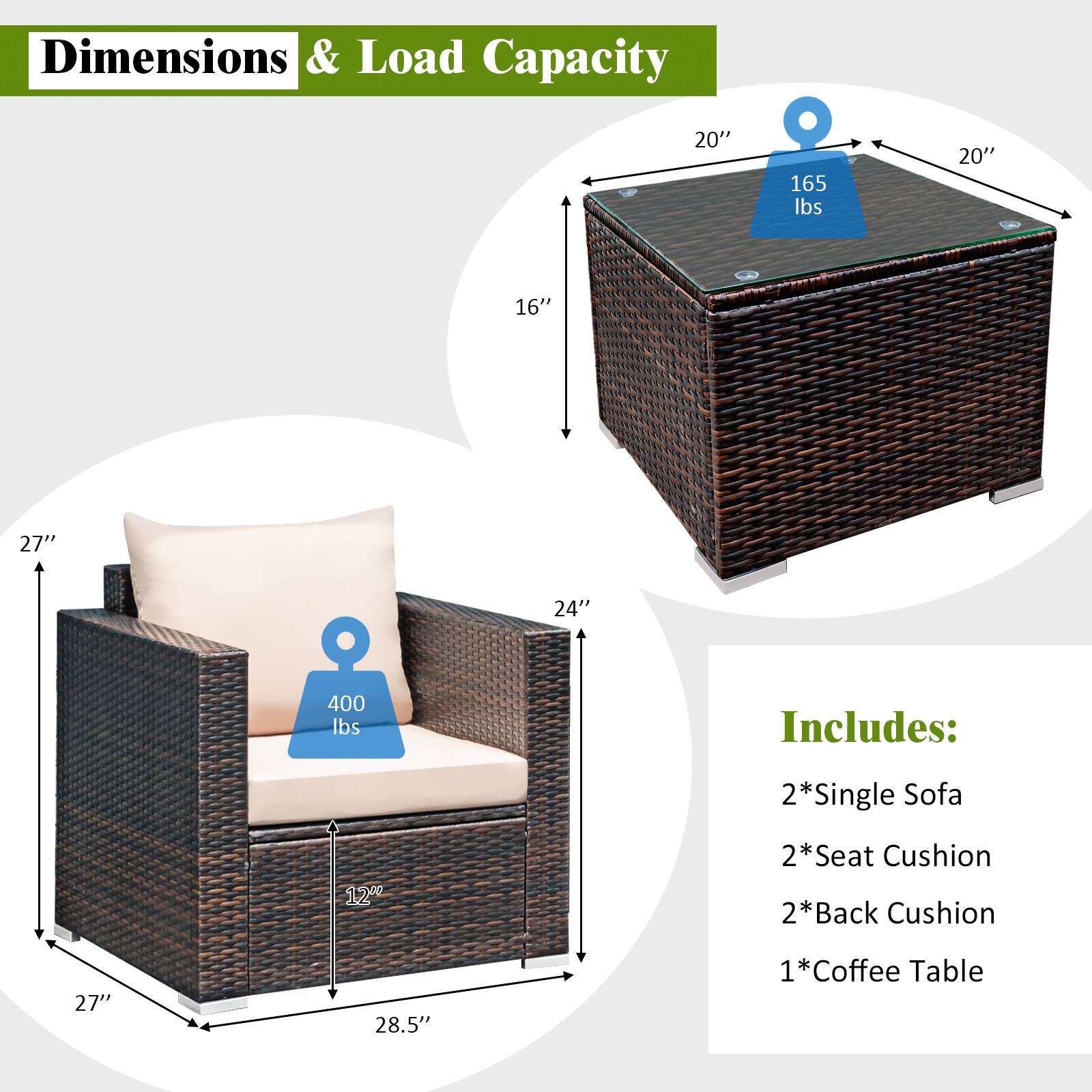Dimensions & Load Capacity: 20" 165 lbs 20" 16" 27" 24" 400 lbs

Includes: 2*Single Sofa 2*Seat Cushion 2*Back Cushion 1*Coffee Table