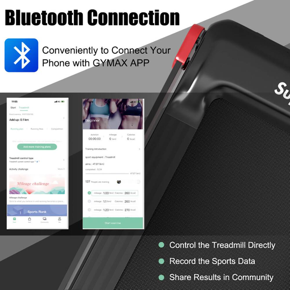 Bluetooth Connection  
Conveniently to Connect Your Phone with GYMAX APP  

11:05  
Start Treadmill  
Add up 0.1 km  

Beginner  
00:00:00  
0 km  
0 calories  

Treadmill control type  
Activity challenge  

Mileage challenge  
137 People are training  
1.03 Berd Calories 260 kcal  
1.13 Berd Calories 260 kcal  
1.23 Berd Calories 270 kcal  

Sports Rank  

Control the Treadmill Directly  
Record the Sports Data  
Share Results in Community