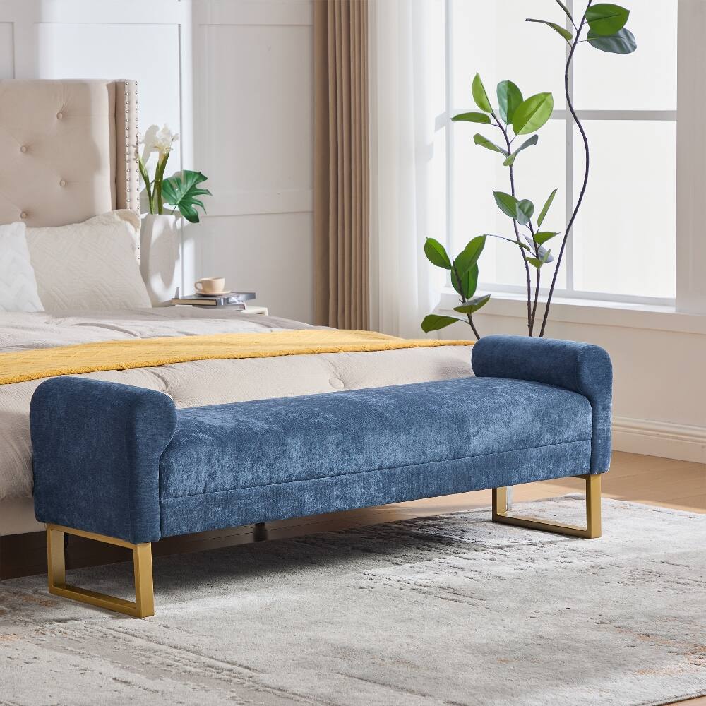 Alt View 3. Ropilly - Ropilly Blue Chenille End of Bed Bench Upholstered Bedroom Ottoman Bench with Gold Legs and Arms for Entryway - Blue.