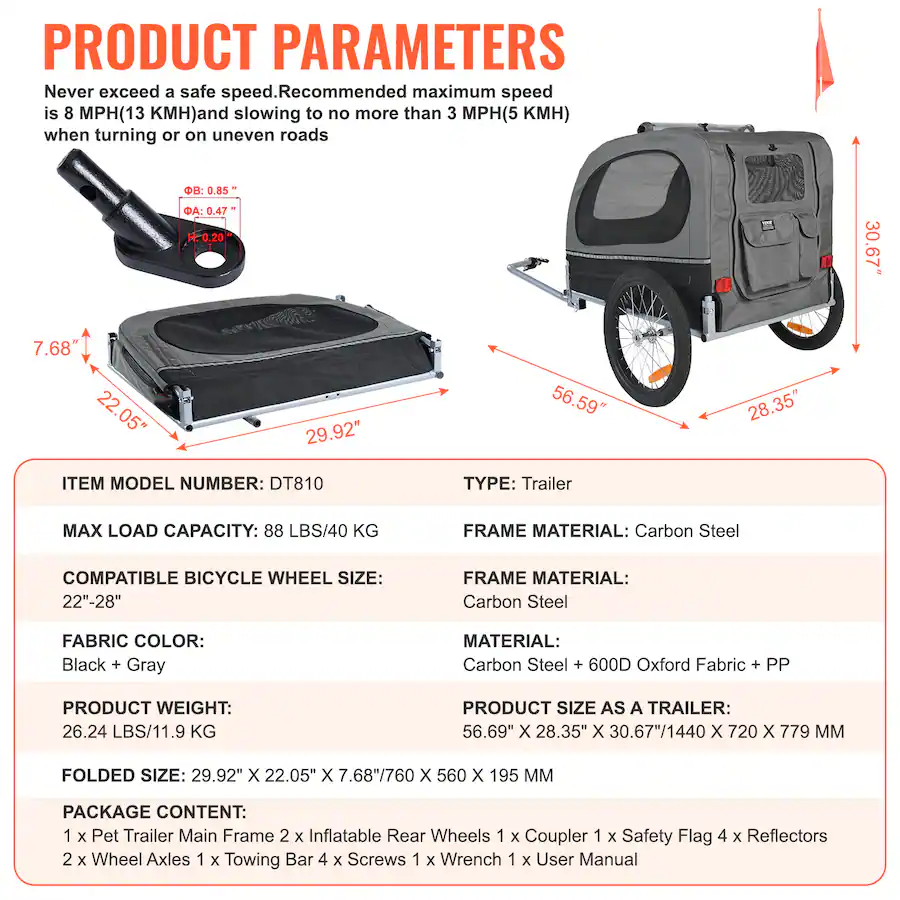 VEVOR Dog Bike Trailer, Supports up to 88 lbs, Pet Cart Bicycle Carrier ...