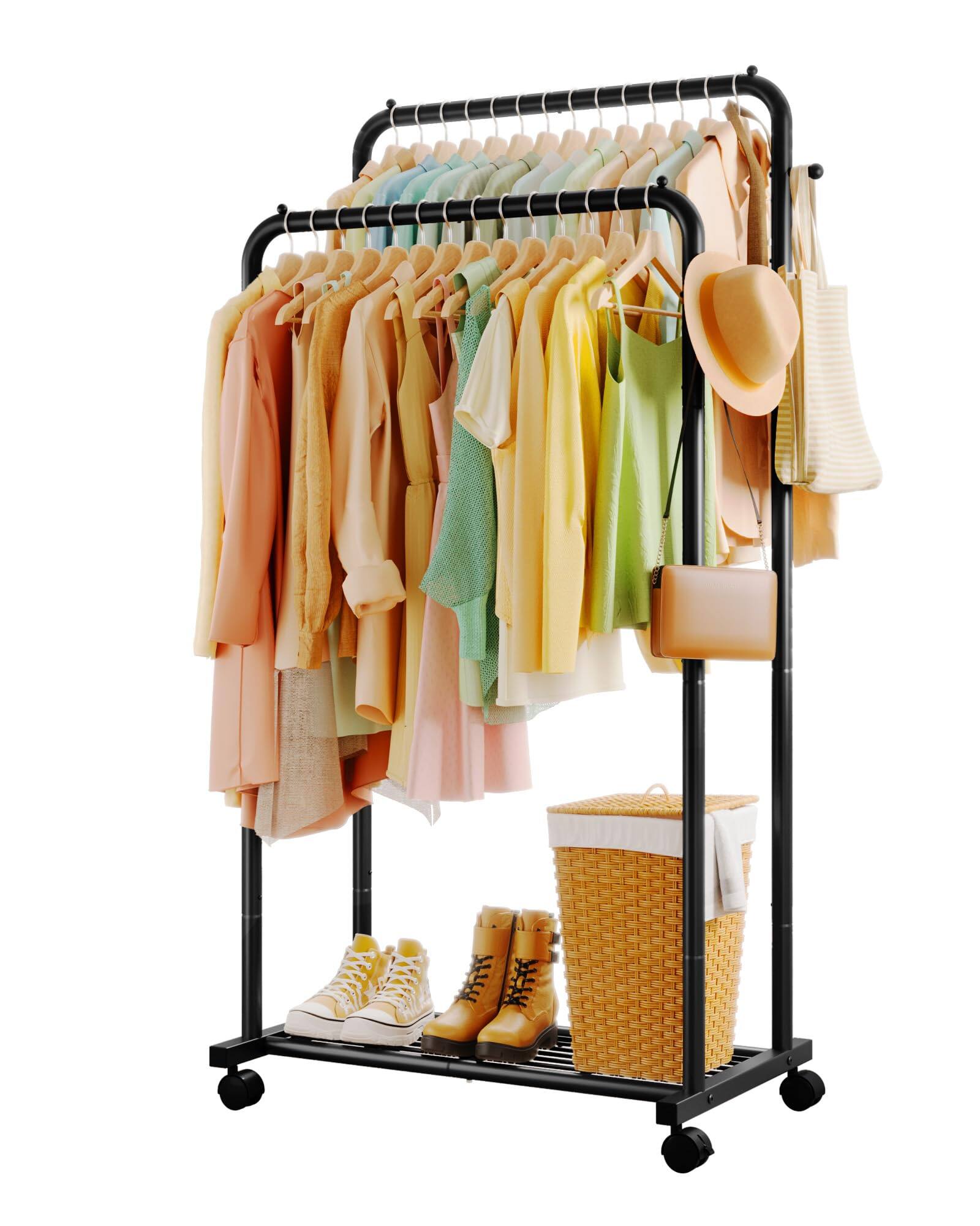 Front. ThinkLink Electronic - Clothes Rack - Double Rods Clothing With Mesh Shelf Hooks & Wheels Metal Racks For Hanging Bags - Black Large 28.7"W x 16.5"D x 59.1"H.