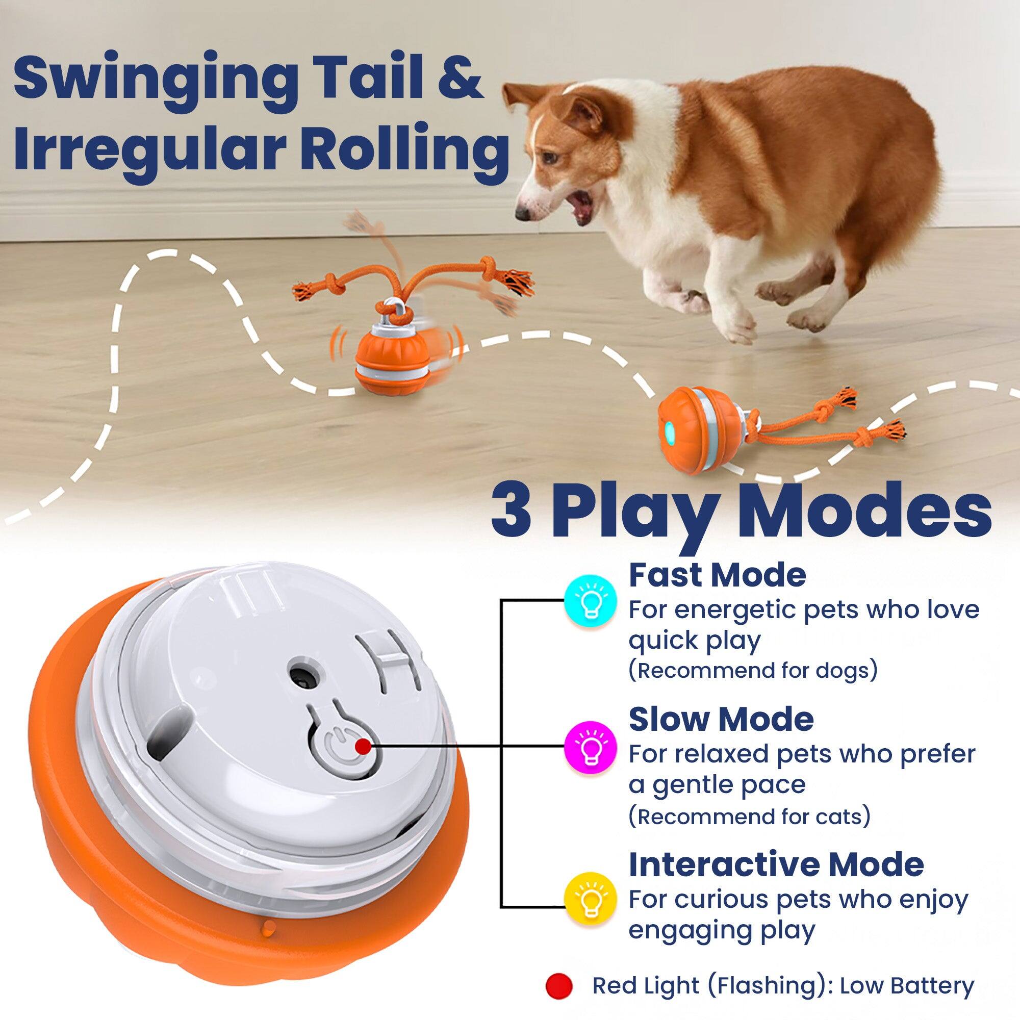 Swinging Tail & Irregular Rolling

3 Play Modes

Fast Mode
For energetic pets who love quick play (Recommend for dogs)

Slow Mode
For relaxed pets who prefer a gentle pace (Recommend for cats)

Interactive Mode
For curious pets who enjoy engaging play

Red Light (Flashing): Low Battery