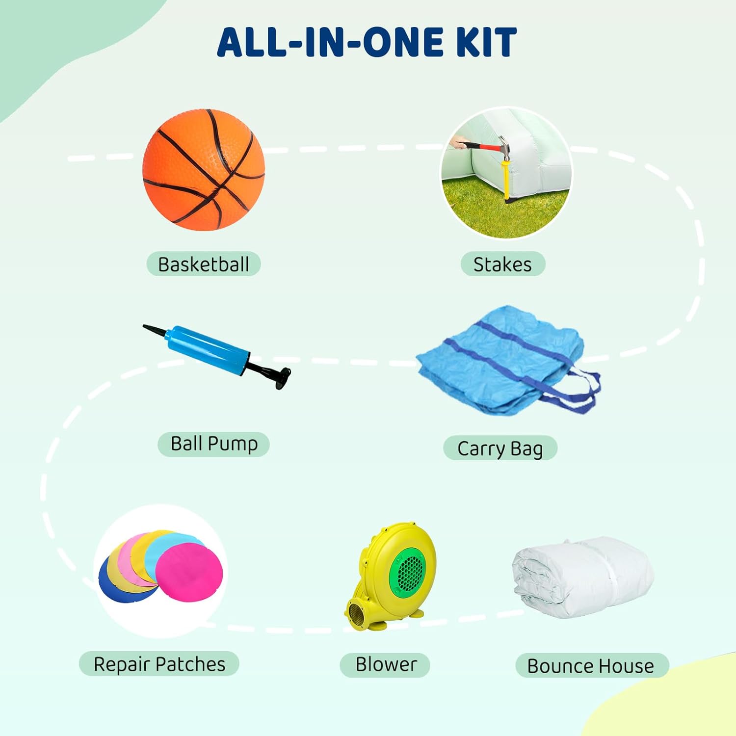 ALL-IN-ONE KIT

Basketball
Stakes
Ball Pump
Carry Bag
Repair Patches
Blower
Bounce House