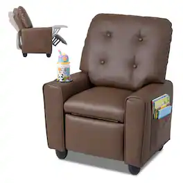 Costway - Push Back Kids Recliner Chair for Ages 3+, PU Leather Reclining Armchair with Cup Holder - Brown