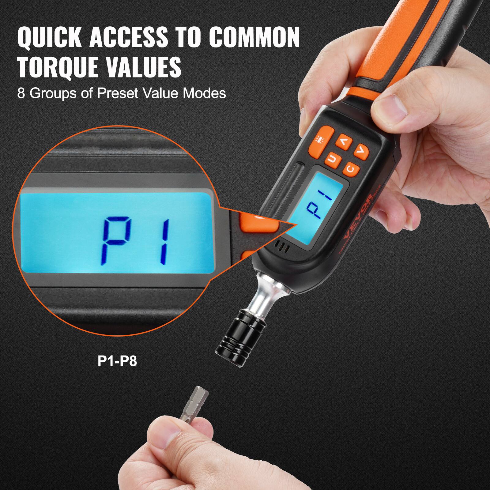 QUICK ACCESS TO COMMON TORQUE VALUES  
8 Groups of Preset Value Modes  

P1-P8