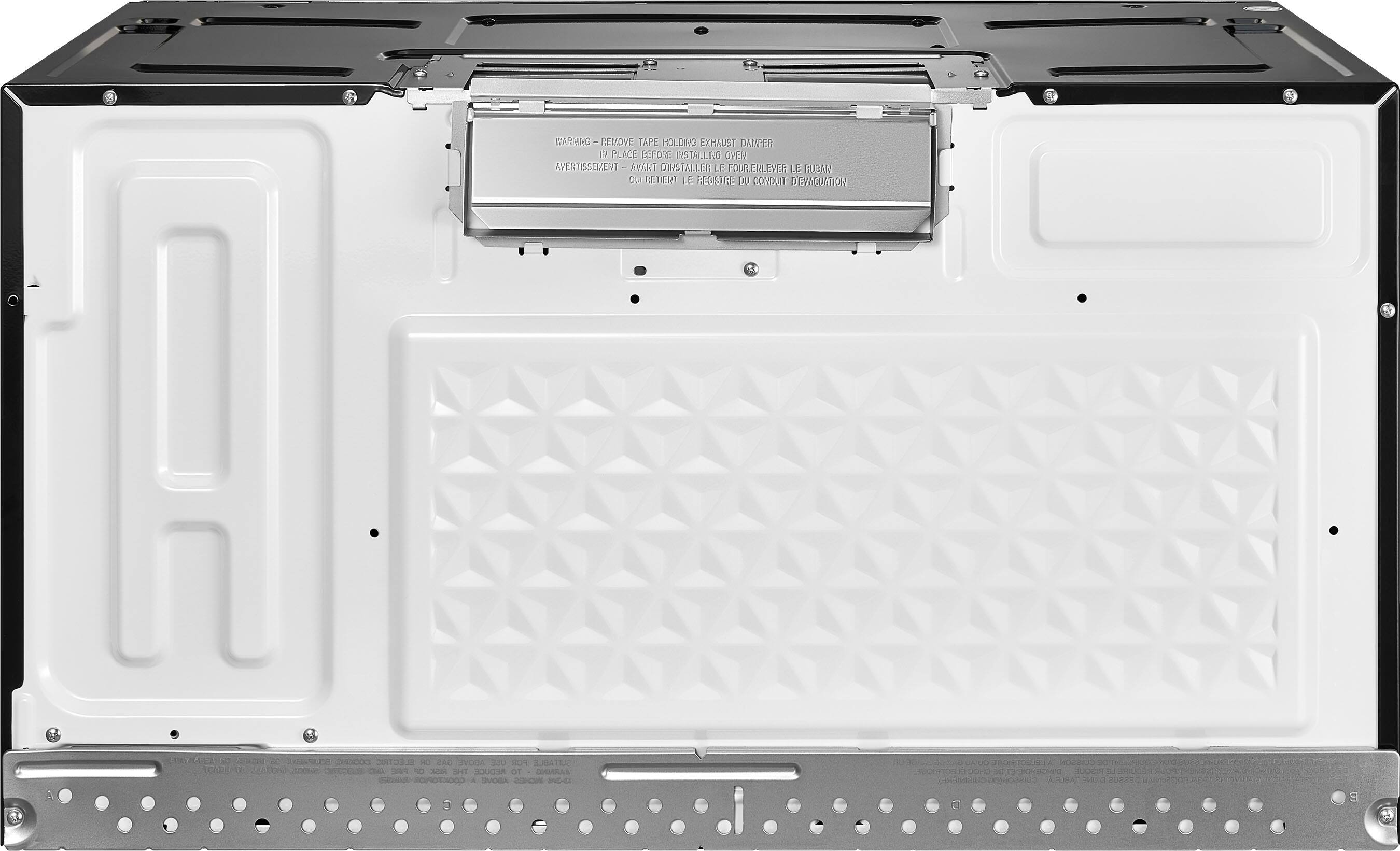 WARNING - REMOVE TAPE HOLDING EXHAUST DAMPER IN PLACE BEFORE INSTALLING OVER

AVERTISSEMENT - AVANT D'INSTALLER LE FOUR, ÉLÉVER LE FURBAM OU RETENIR LE RÉGISTRE DU CONDUIT D'ÉVACUATION