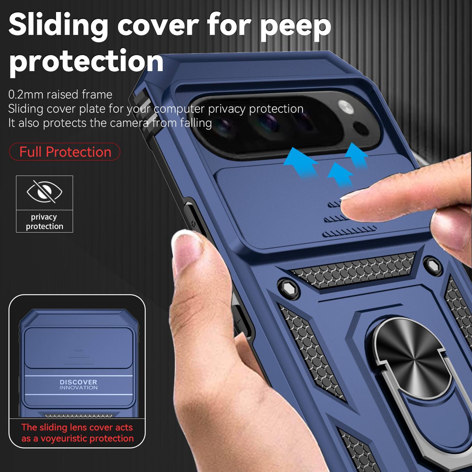 Sliding cover for peep protection  
0.2mm raised frame  
Sliding cover plate for your computer privacy protection  
It also protects the camera from falling  

Full Protection  
privacy protection  

DISCOVER INNOVATION  

The sliding lens cover acts as a voyeuristic protection