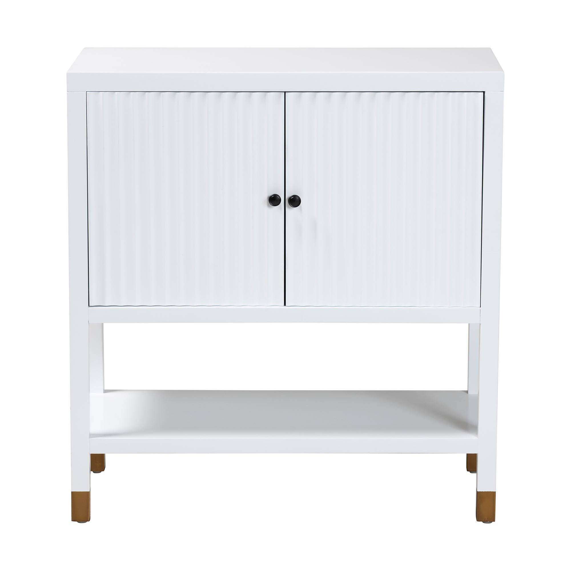 Left. bali & pari - Aiden Fluted Sideboard -  2-Door Accent Storage Cabinet with Open Shelf and Raised Legs - White/Brass/Black.
