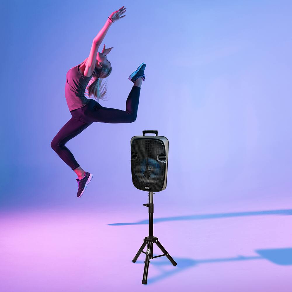Alt View 15. QFX - 12” Bluetooth Rechargeable Portable Speaker with Stand, Microphone and LED Party Lights - Black.