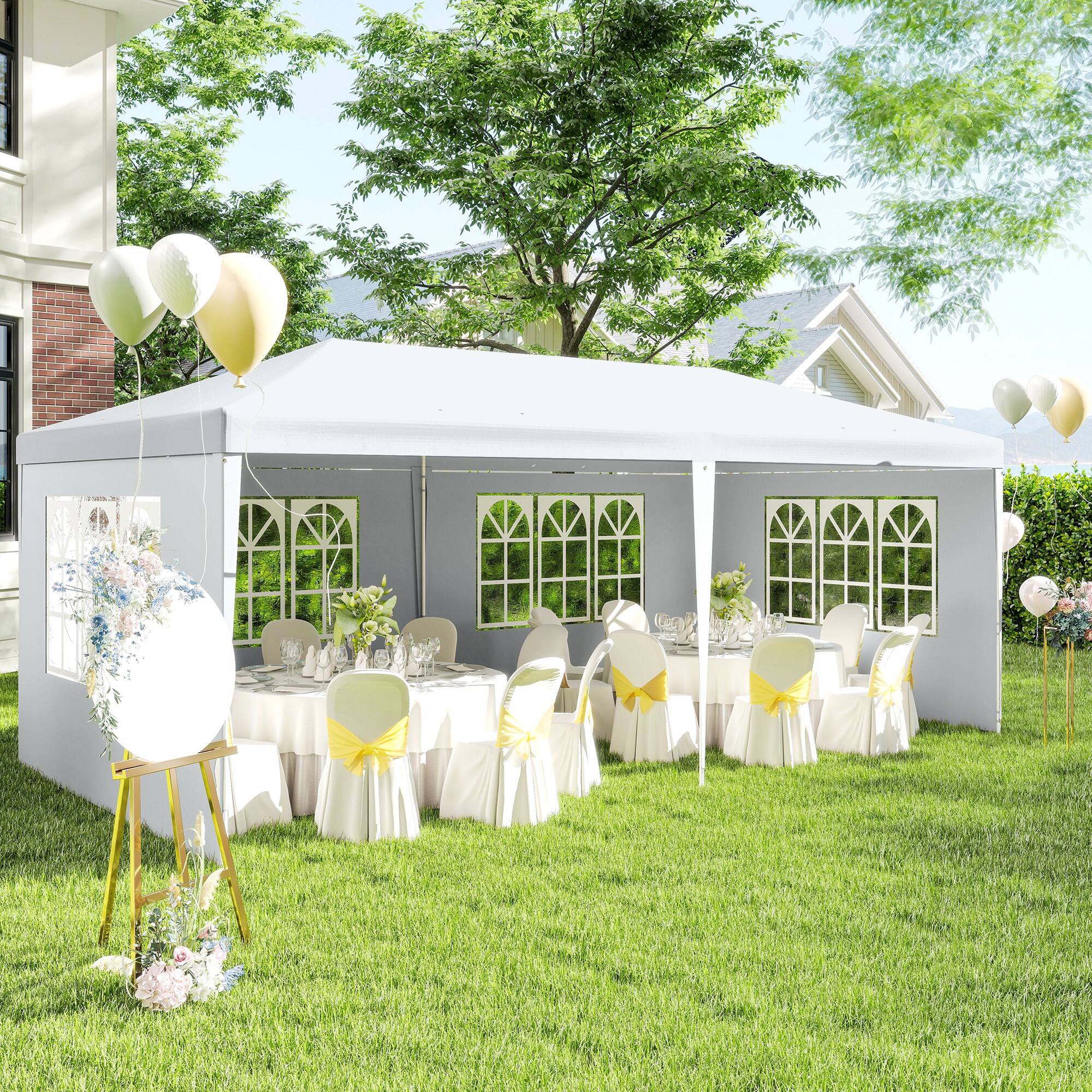 Angle. Outsunny - 10' x 20' Large Party Tent, Outdoor Event Shelter, Gazebo Canopy with 4 Removable Window Sidewalls for Weddings - White.