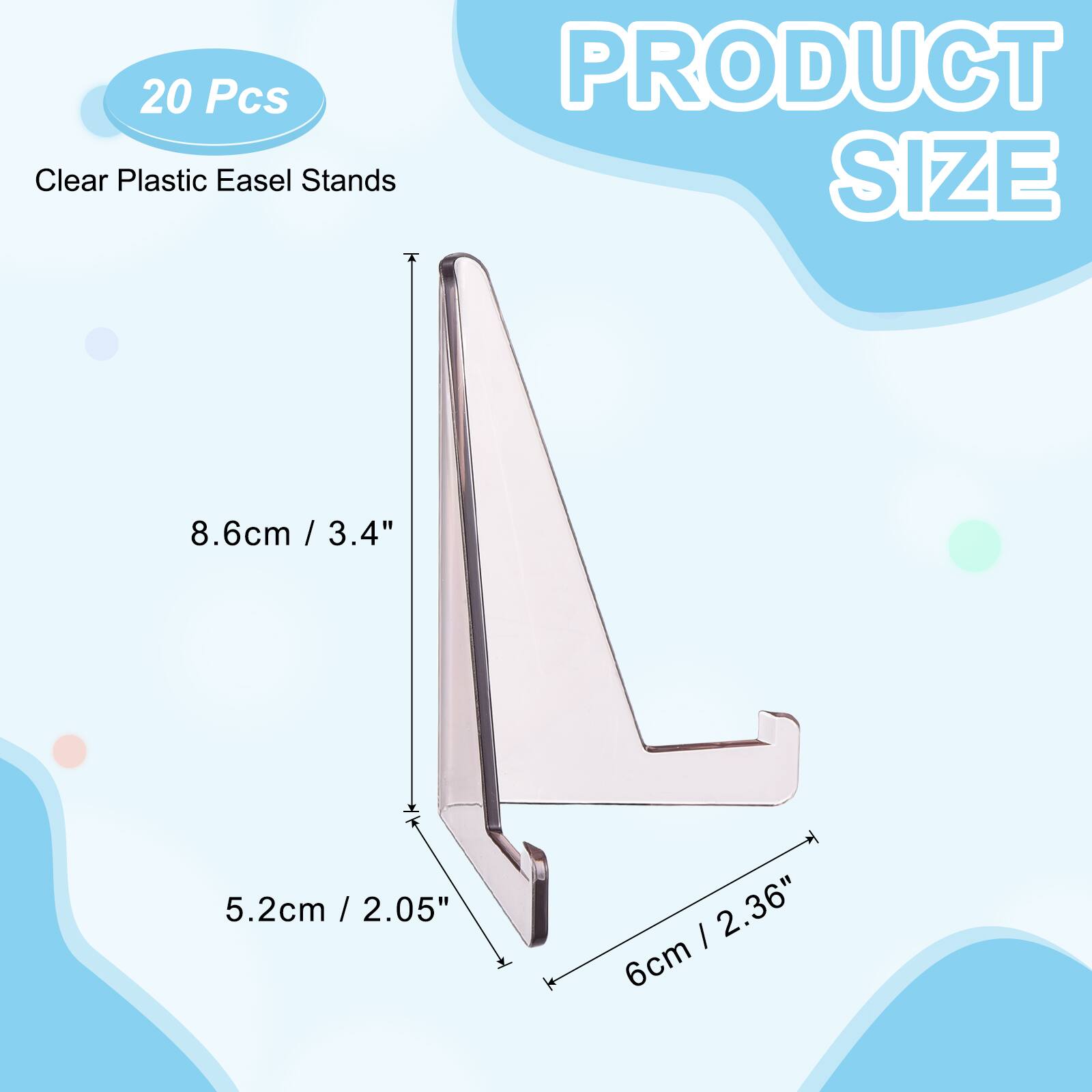 20 Pcs Clear Plastic Easel Stands

PRODUCT SIZE

8.6cm / 3.4"  
5.2cm / 2.05"  
6cm / 2.36"