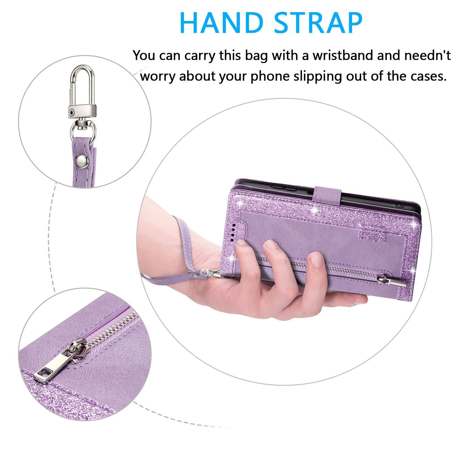 HAND STRAP  
You can carry this bag with a wristband and needn't worry about your phone slipping out of the cases.