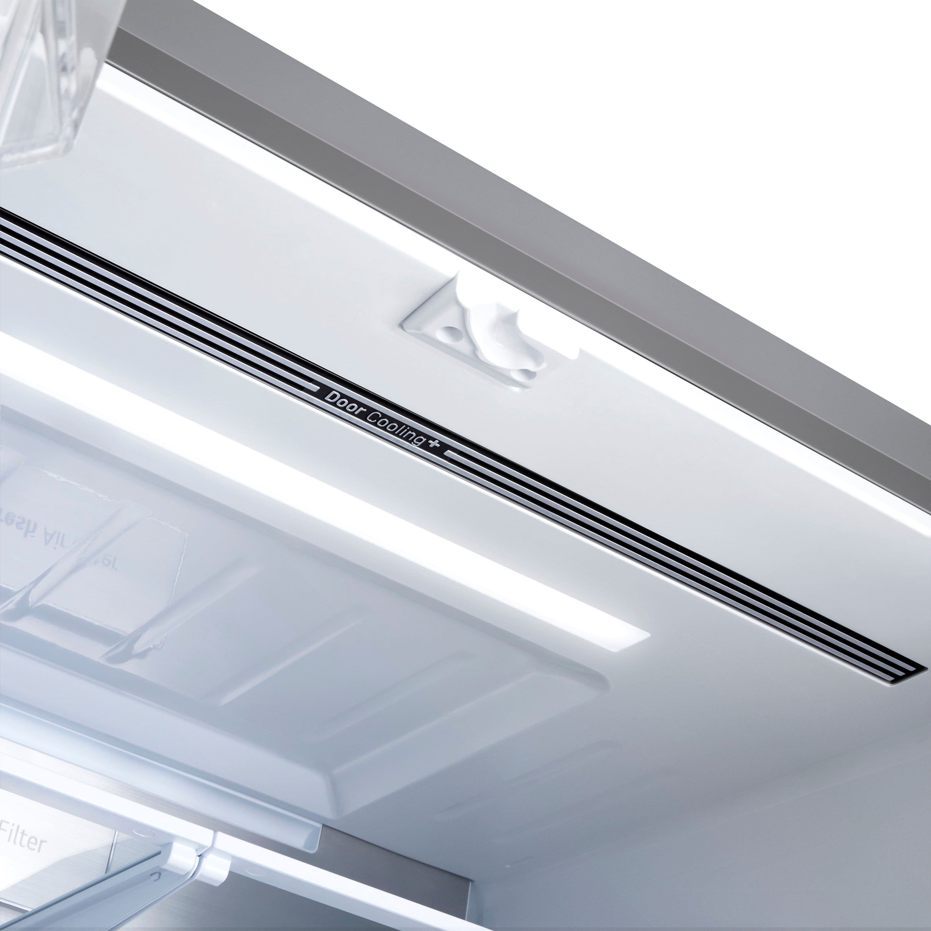 The text on the image reads "Door Cooling + Fresh Ice + 6L Filter."