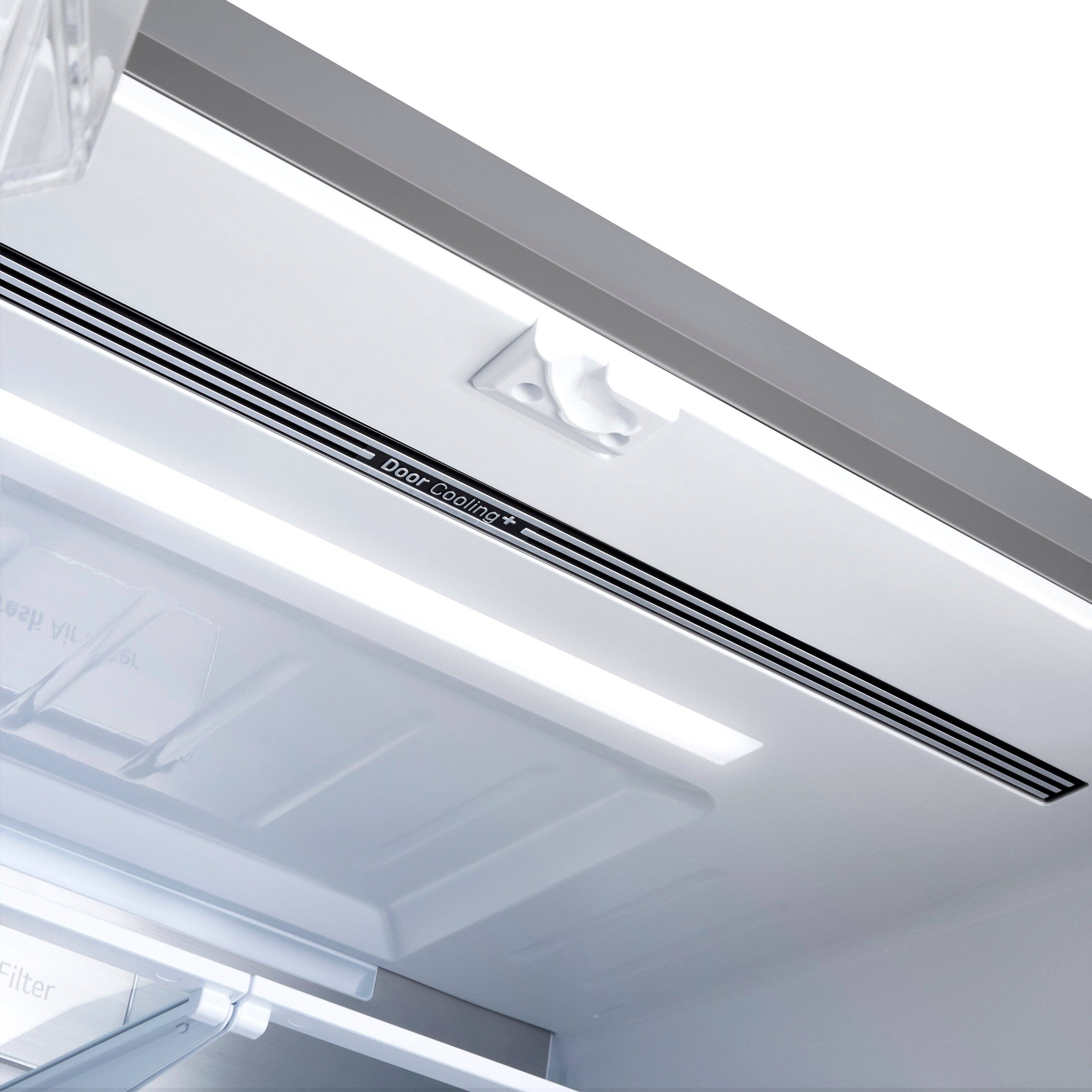 The text on the image reads "Door Cooling + Fresh Ice + 6L Filter."