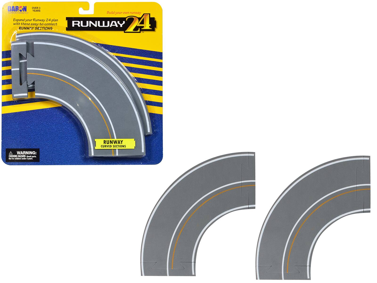 DARSON  
OVER 3 YEARS  

Expand your Runway 24 plan with these easy-to-connect RUNWAY SECTIONS.  

RUNWAY 24  

Build your own runway  

RUNWAY CURVED SECTIONS  

WARNING: CHOKING HAZARD - Small parts. Not for children under 3 years.