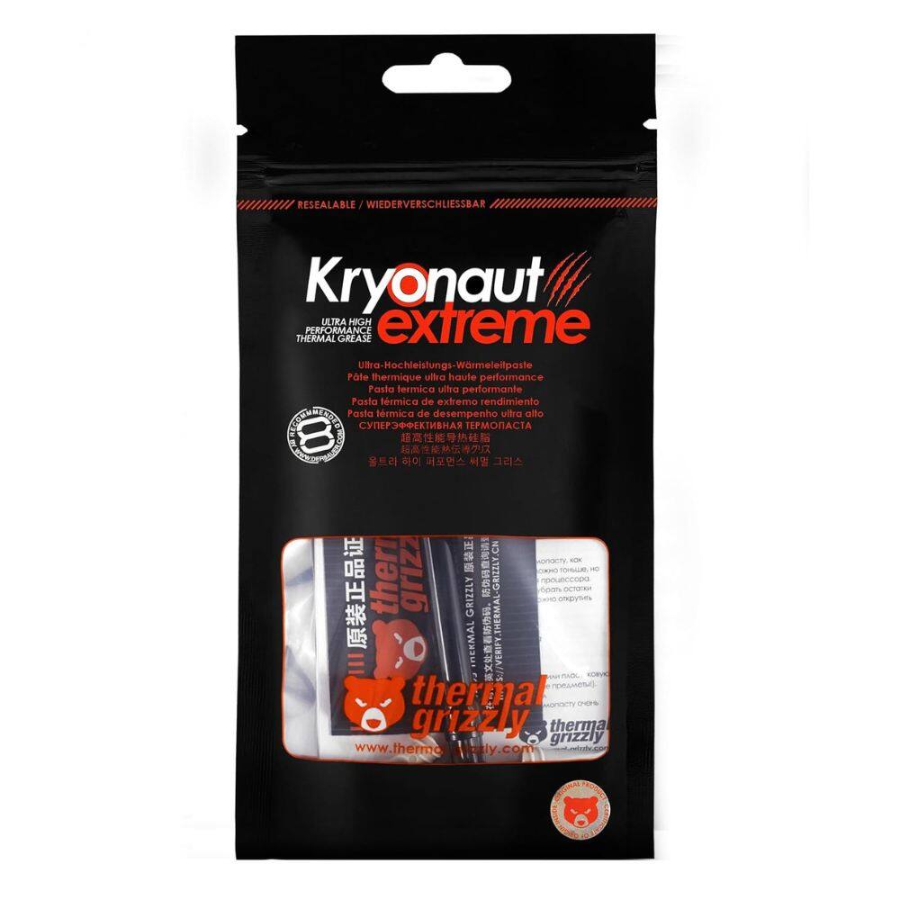RESEALABLE / WIEDERVERSCHLIESSBAR  
Kryonaut extreme  
ULTRA HIGH PERFORMANCE THERMAL GREASE  
Ultra-Hochleistungs-Wärmeleitpaste  
Pâte thermique ultra haute performance  
Pasta térmica ultra performante  
Pasta térmica de desempenho ultra alto  

thermally grizzly  
www.thermally.com