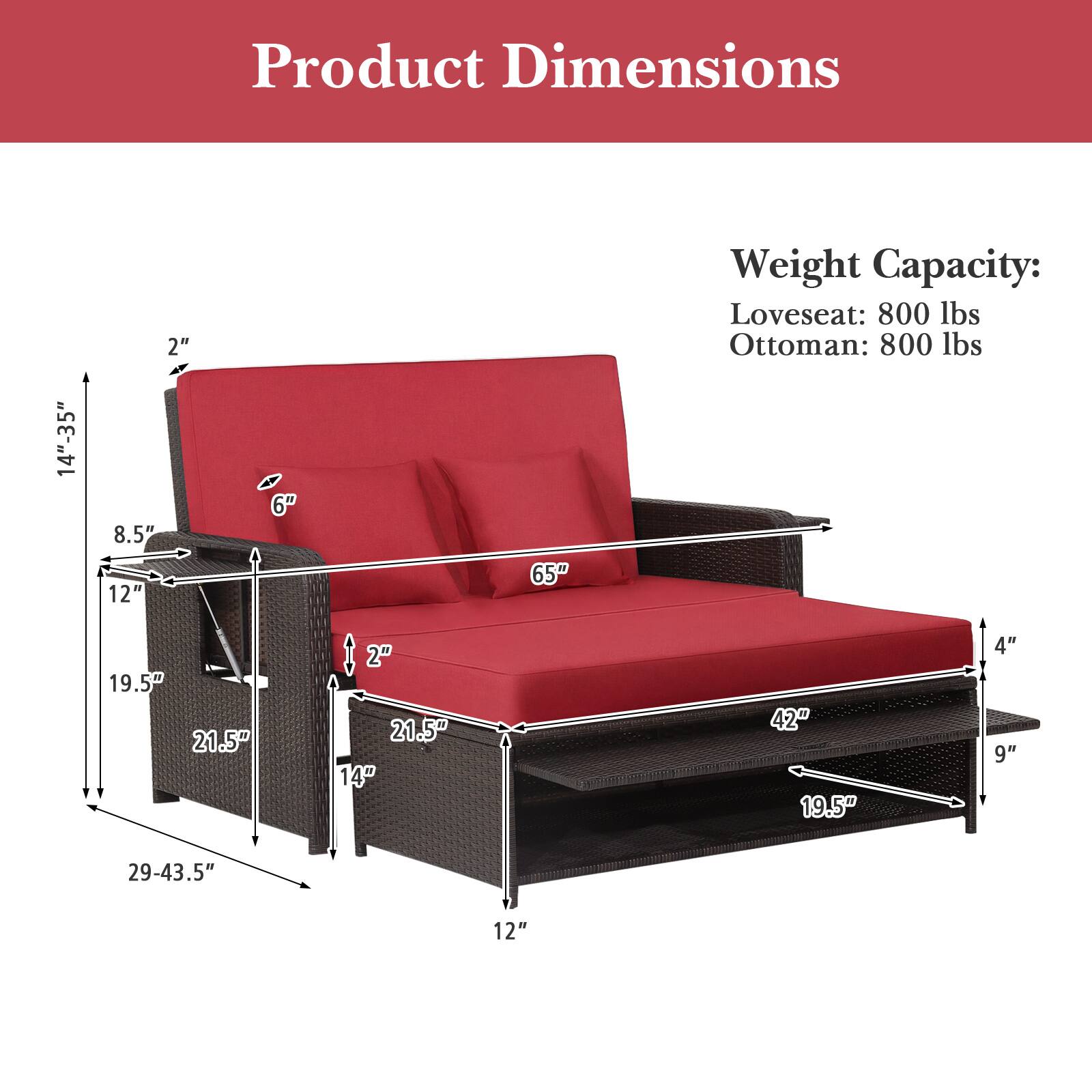 Product Dimensions: 14"-35" x 2" x 8.5" x 12" x 65" x 19.5" x 21.5" x 2" x 21.5" x 14" x 42" x 19.5" x 4" x 9" x 29-43.5" x 12"

Weight Capacity: Loveseat: 800 lbs, Ottoman: 800 lbs