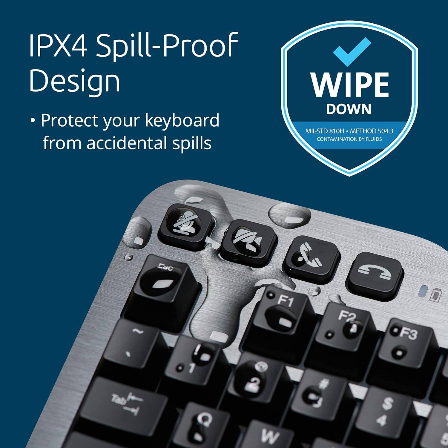 IPX4 Spill-Proof Design  
Protect your keyboard from accidental spills  

Wipe Down  
MIL-STD 810H METHOD 504.3 CONTAMINATION BY FLUIDS