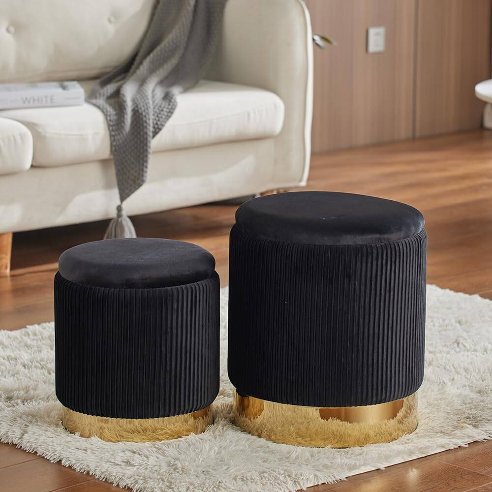 Alt View 3. JETRANSPORT - Round Ottoman Storage Upholstered Vanity Stool Living Room Ottomans Multifunctional Foot Rest (black - White With Middle Gold.