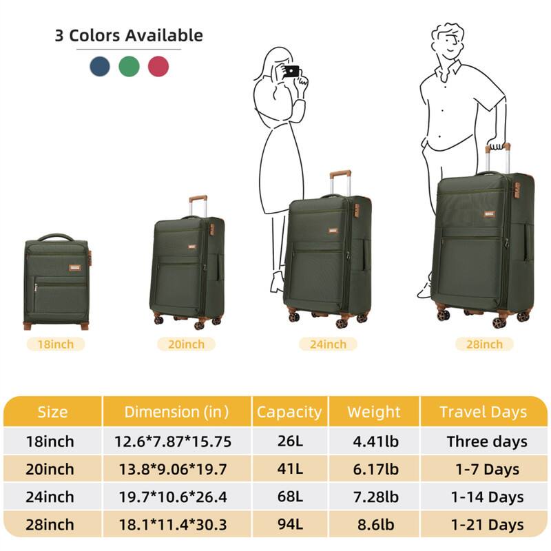 3 Colors Available

Size | Dimension (in) | Capacity | Weight | Travel Days
--- | --- | --- | --- | ---
18inch | 12.6*7.87*15.75 | 26L | 4.41lb | Three days
20inch | 13.8*9.06*19.7 | 41L | 6.17lb | 1-7 Days
24inch | 19.7*10.6*26.4 | 68L | 7.28lb | 1-14 Days
28inch | 18.1*11.4*30.3 | 94L | 8.6lb | 1-21 Days