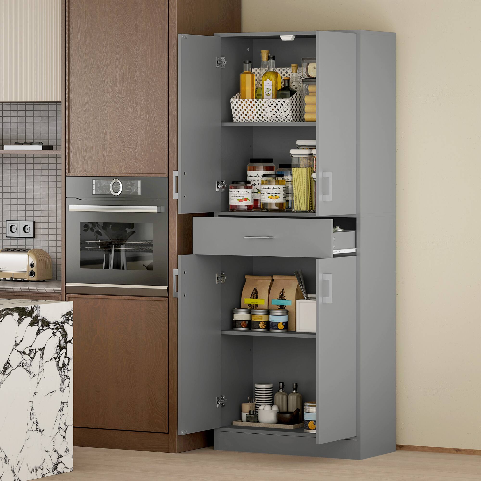 Alt View 1. Homcom - 71" Kitchen Pantry Cabinet with Drawer and Adjustable Shelf, Freestanding Tall Storage Cabinet with 2 Double Door - Grey.