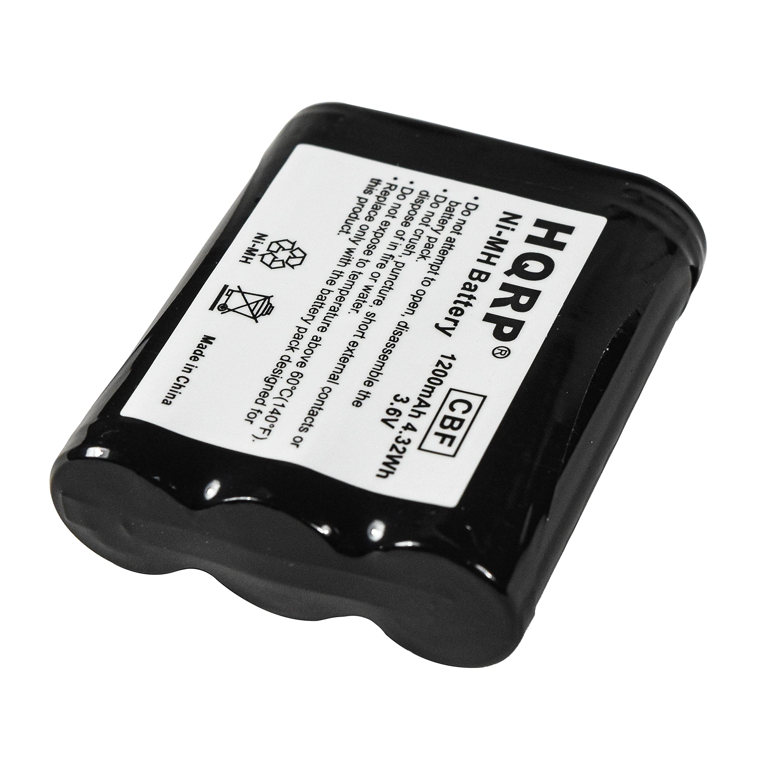 Made in China this product. Do not dispose, Do not crush, pack. Do not expose to fire, attempt to disassemble, puncture, open, or short. Ni-MH battery designed for the above temperature (140F). 1200mAh 3.6V 4.32Wh