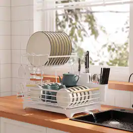 Malletson - 2-Tier Dish Drying Rack, Large Capacity Counter Storage with Utensil Holder, Rust Resistant, Space Saving - White