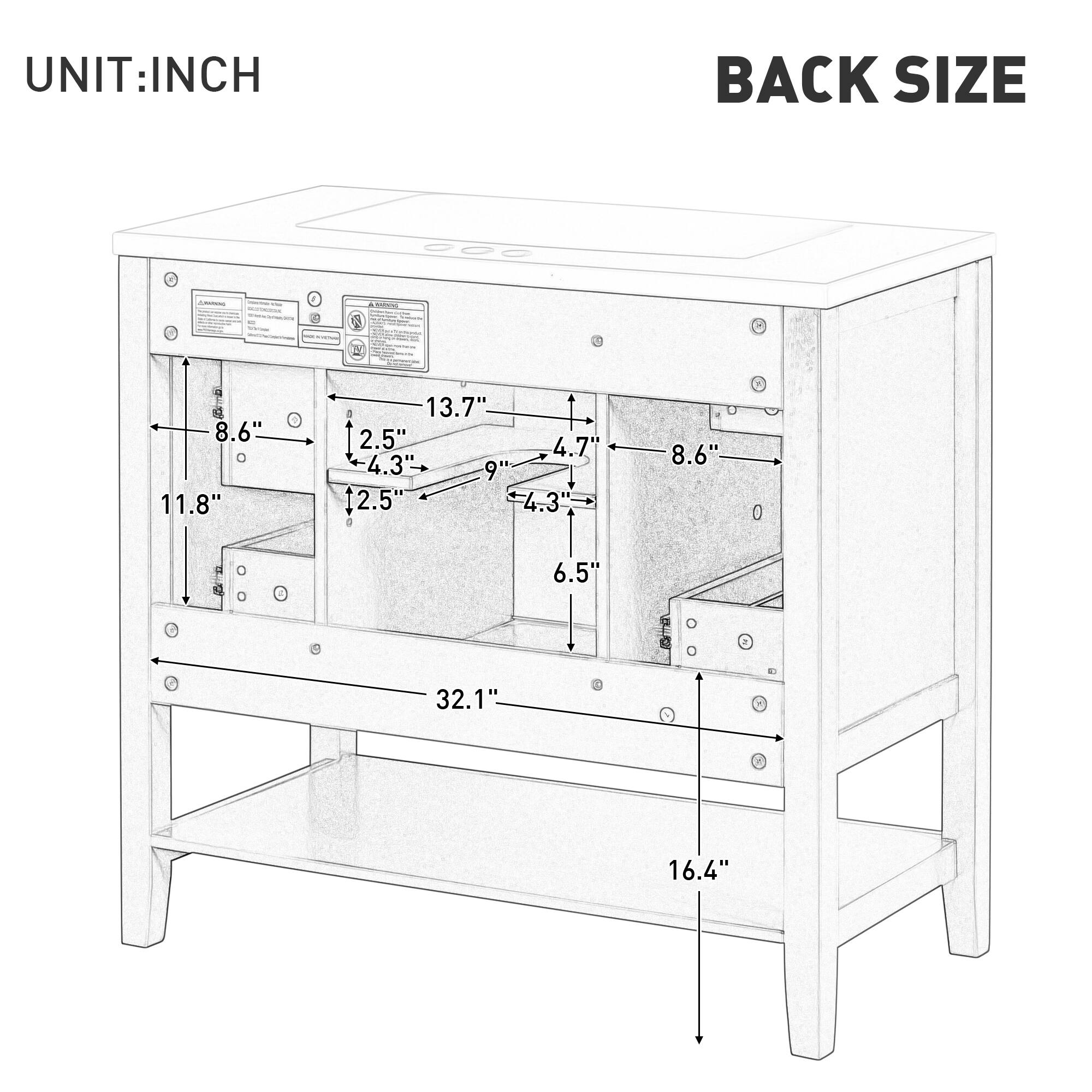 UNIT: INCH

BACK SIZE

- 11.8"
- 8.6"
- 13.7"
- 2.5"
- 4.3"
- 9"
- 2.5"
- 4.7"
- 4.3"
- 8.6"
- 6.5"
- 32.1"
- 16.4"