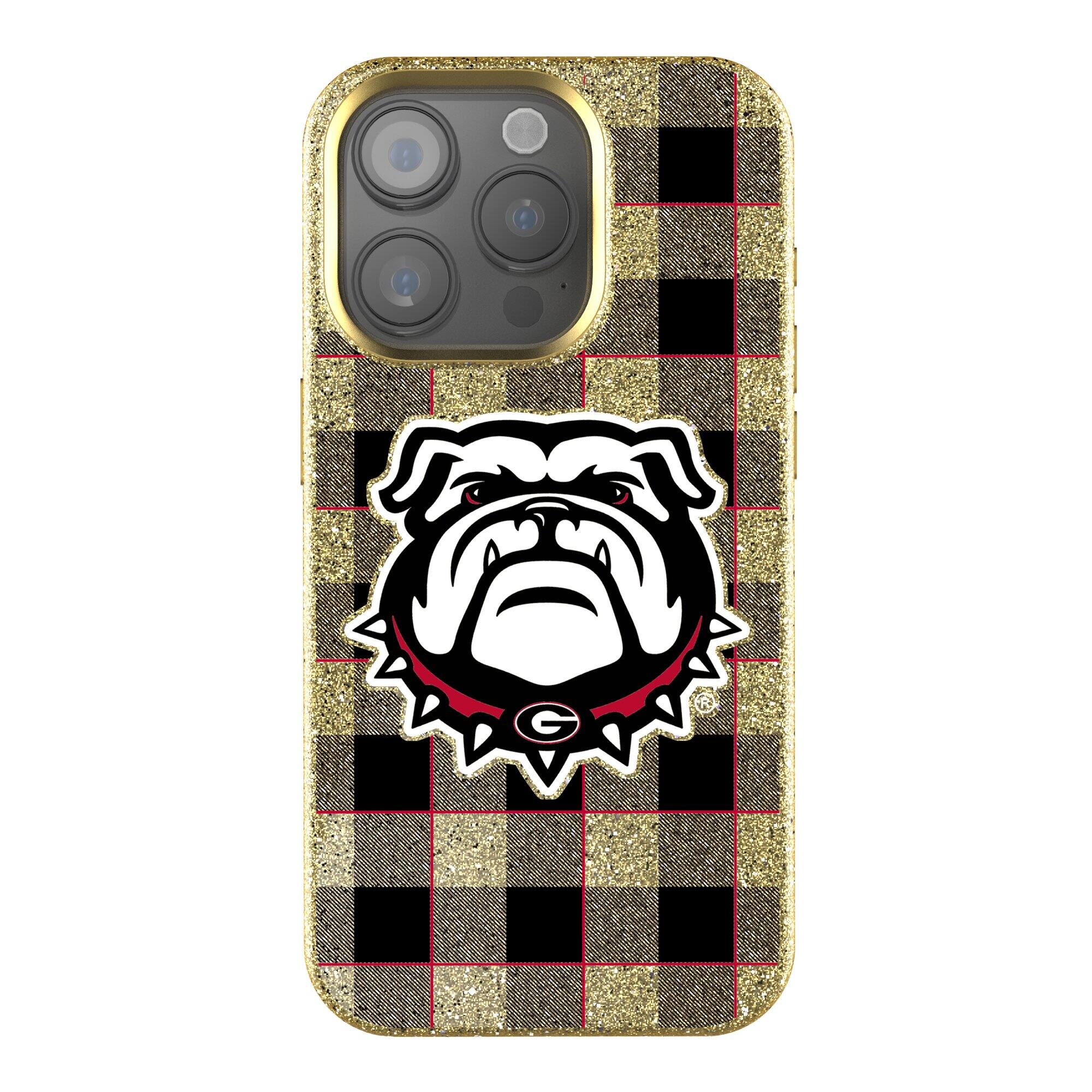 Front. Keyscaper - Georgia Bulldogs Plaid Bling iPhone Case - 16 Plus - Gold.