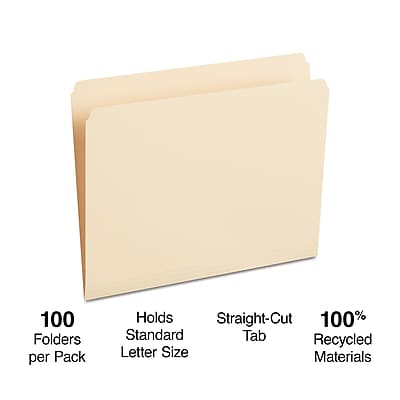 100 Folders per Pack  
Holds Standard Letter Size  
Straight-Cut Tab  
100% Recycled Materials
