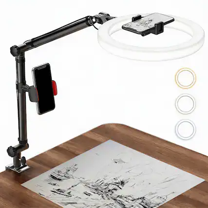 Front. OMOMMD - Ring Light With Stand And Phone Holder Usb For Desk Overhead Camera Mount Ringlight Lamp Clamp Photography ... - Default.