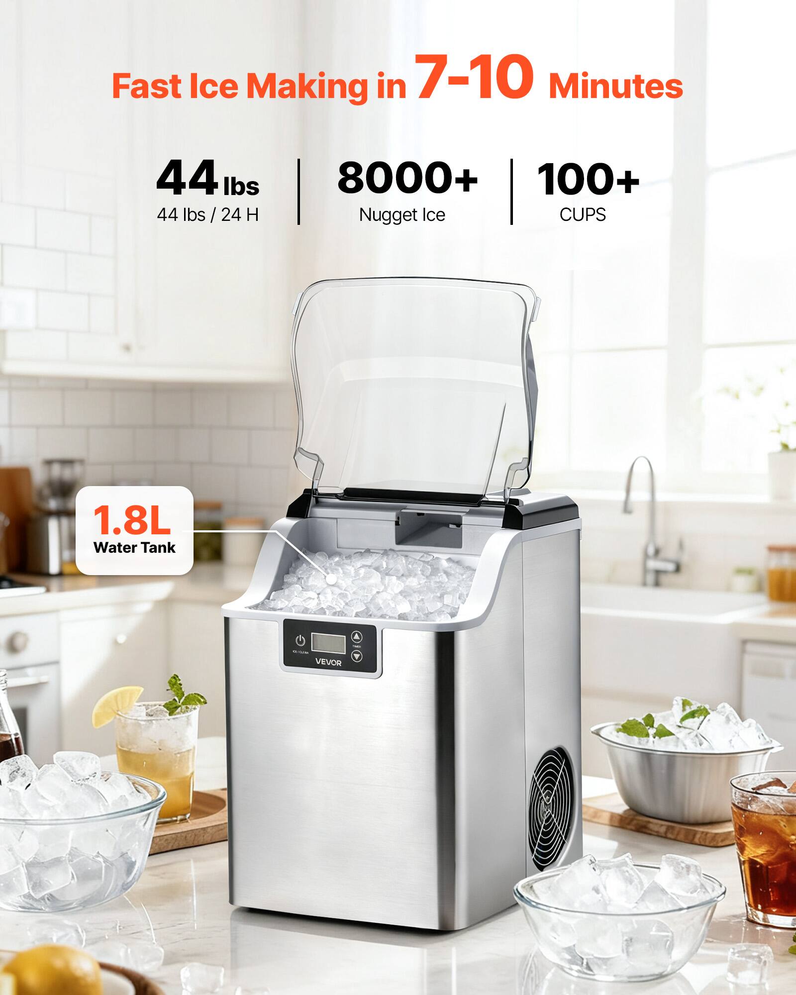 Fast Ice Making in 7-10 Minutes

44 lbs (44 lbs / 24 H)

8000+ Nugget Ice

100+ CUPS

1.8L Water Tank

VEVOR