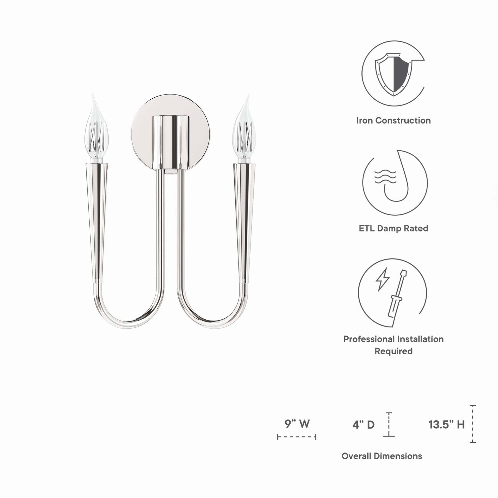 - Iron Construction
- ETL Damp Rated
- Professional Installation Required

Overall Dimensions:
- 9" W
- 4" D
- 13.5" H