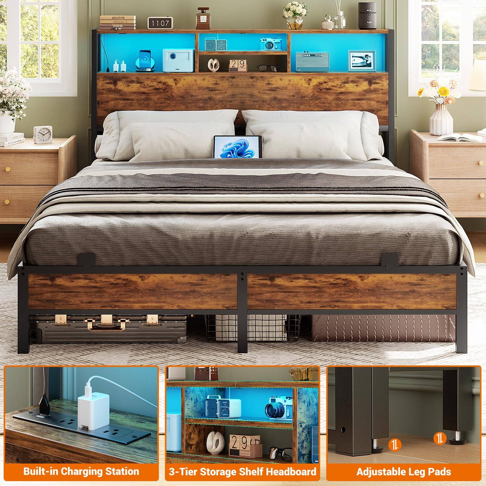 1107 9 I - W 29 2 9 1L 1L Built-in Charging Station 3-Tier Storage Shelf Headboard Adjustable Leg Pads