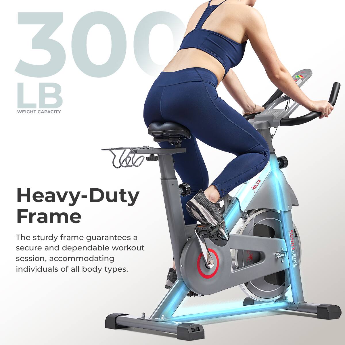 300 LB WEIGHT CAPACITY, Heavy-Duty Frame, The sturdy frame guarantees a secure and dependable workout session, accommodating individuals of all body types. 2 SUNNY-BIKE BIKE