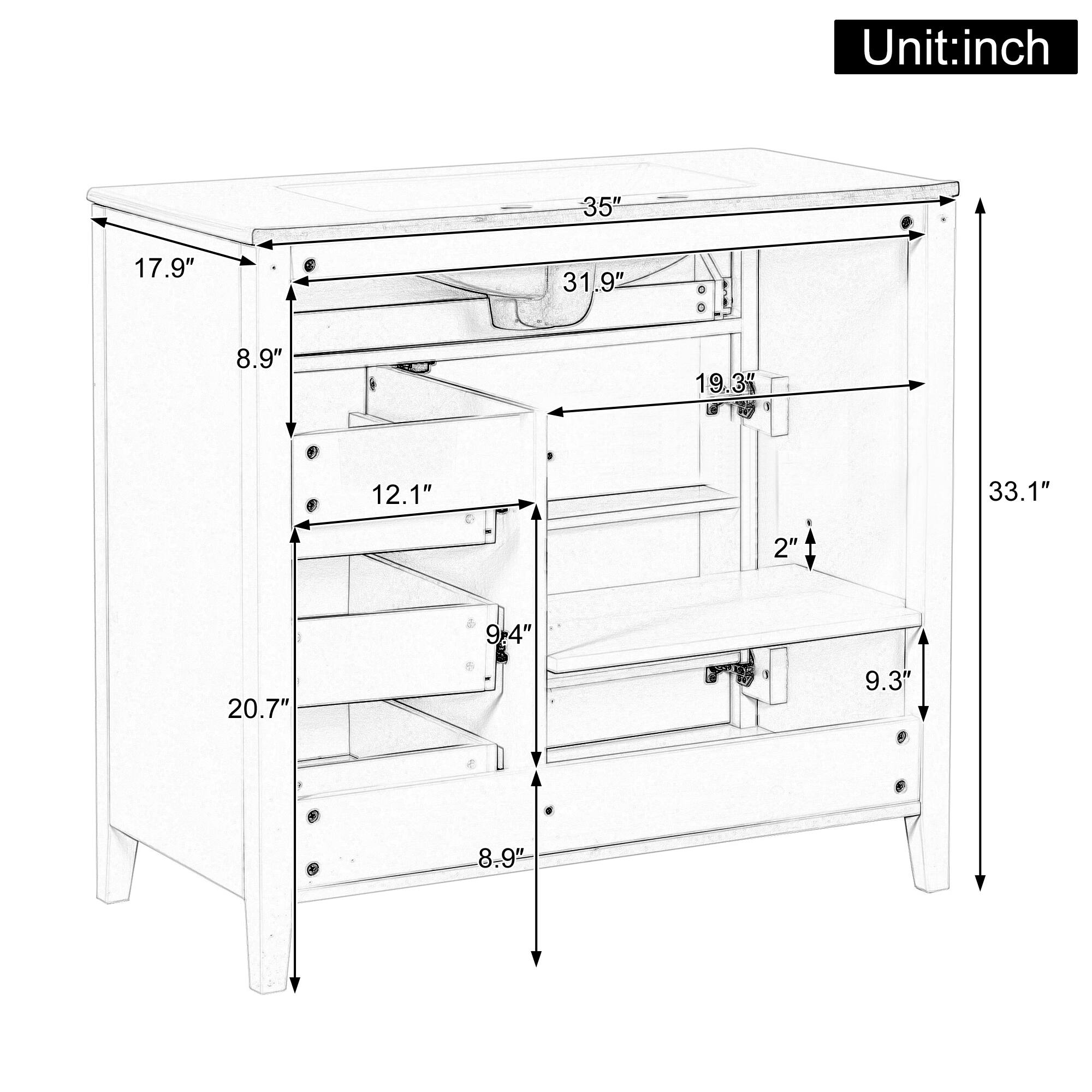 Unit: inch  
35"  
17.9"  
31.9"  
8.9"  
19.3"  
12.1"  
33.1"  
2"  
20.7"  
9.4" & 9.3"  
8.9"