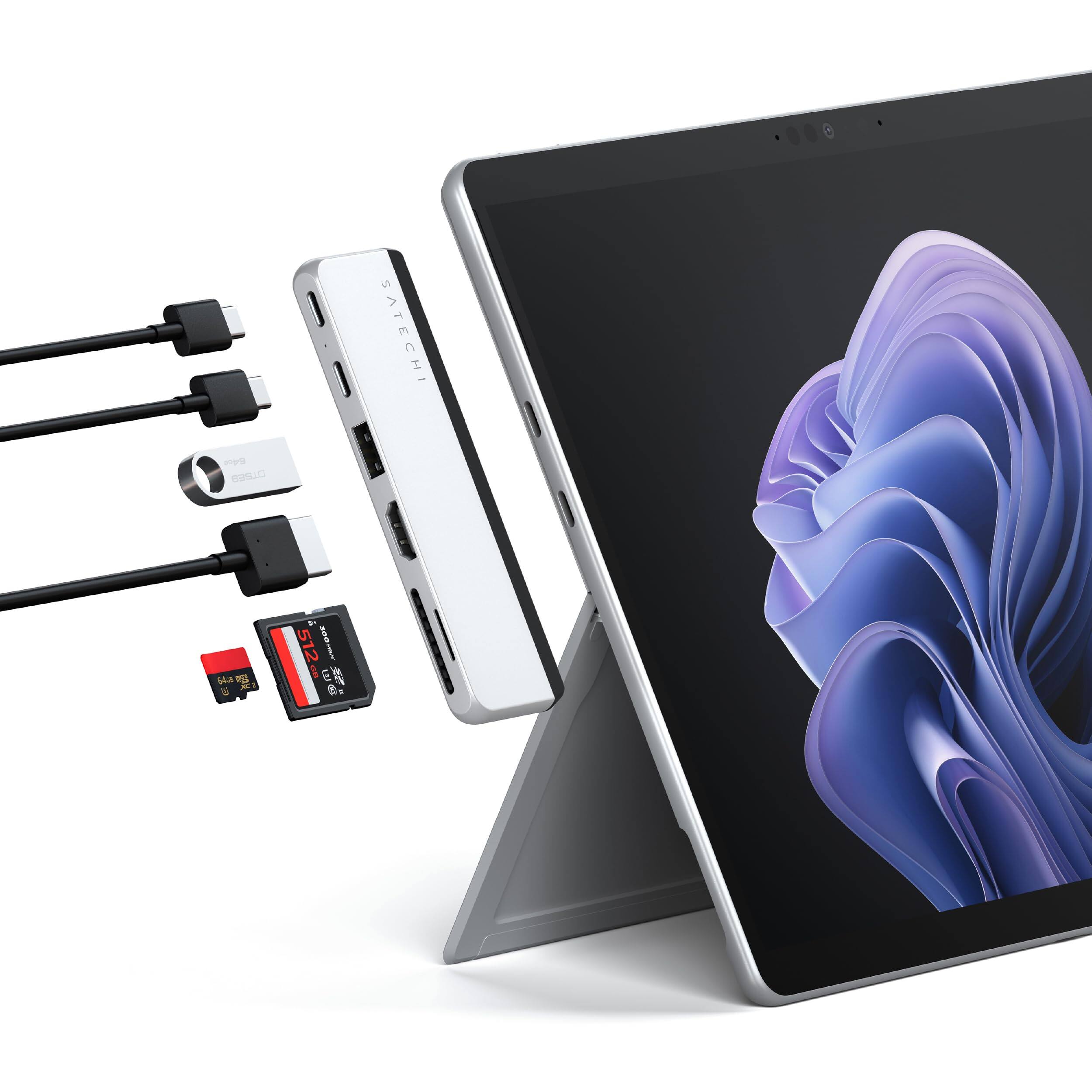 Satechi - Dual USB-C Hub for Surface Pro 11/10/9 - 4K 60Hz HDMI, USB4 Pass-Through, USB-A 3.2, SD/TF Card - Silver