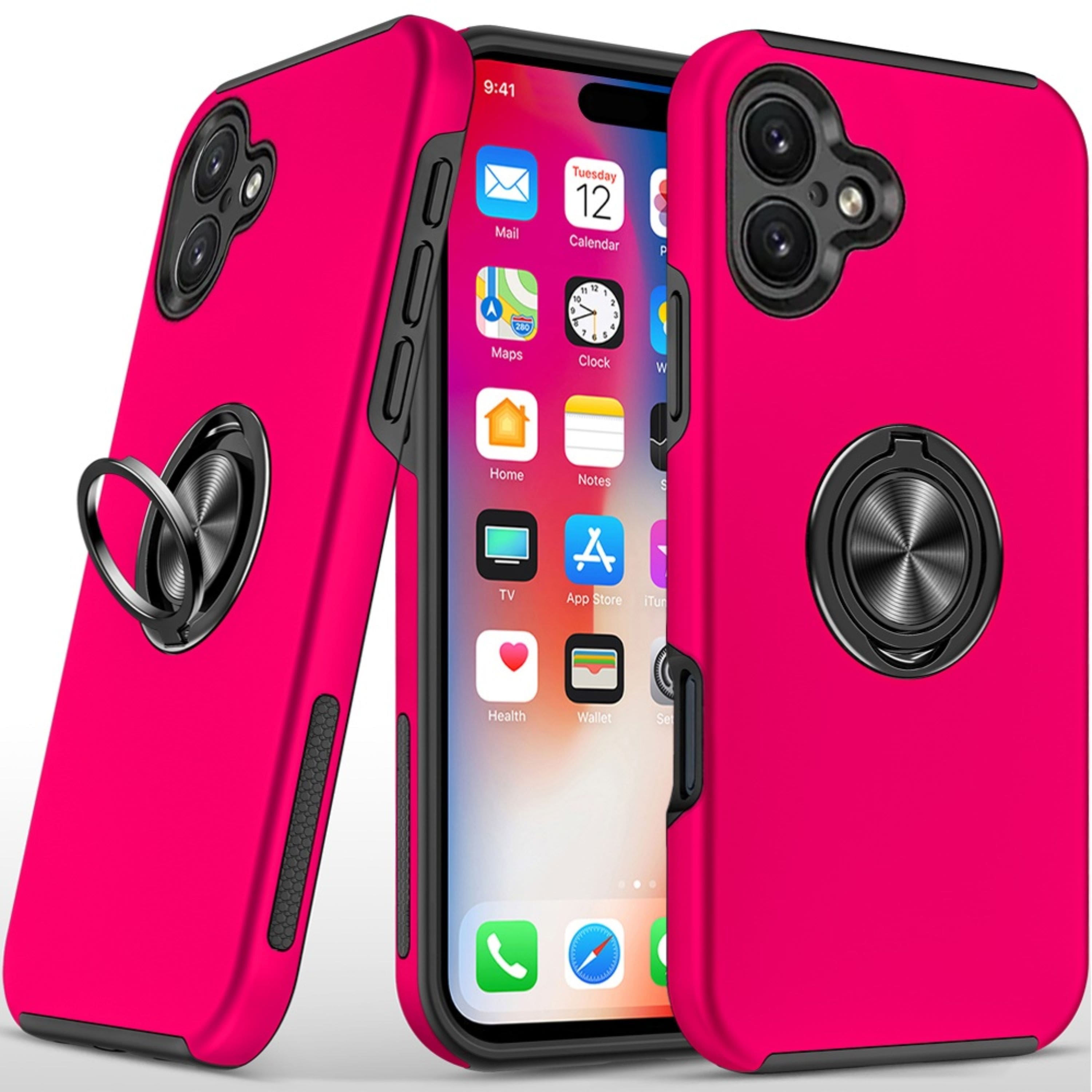 Kitcheniva - Dual Layer Magnetic Ring Stand Hybrid Phone Case With Tempered Glass For iPhone 16 - Hot Pink