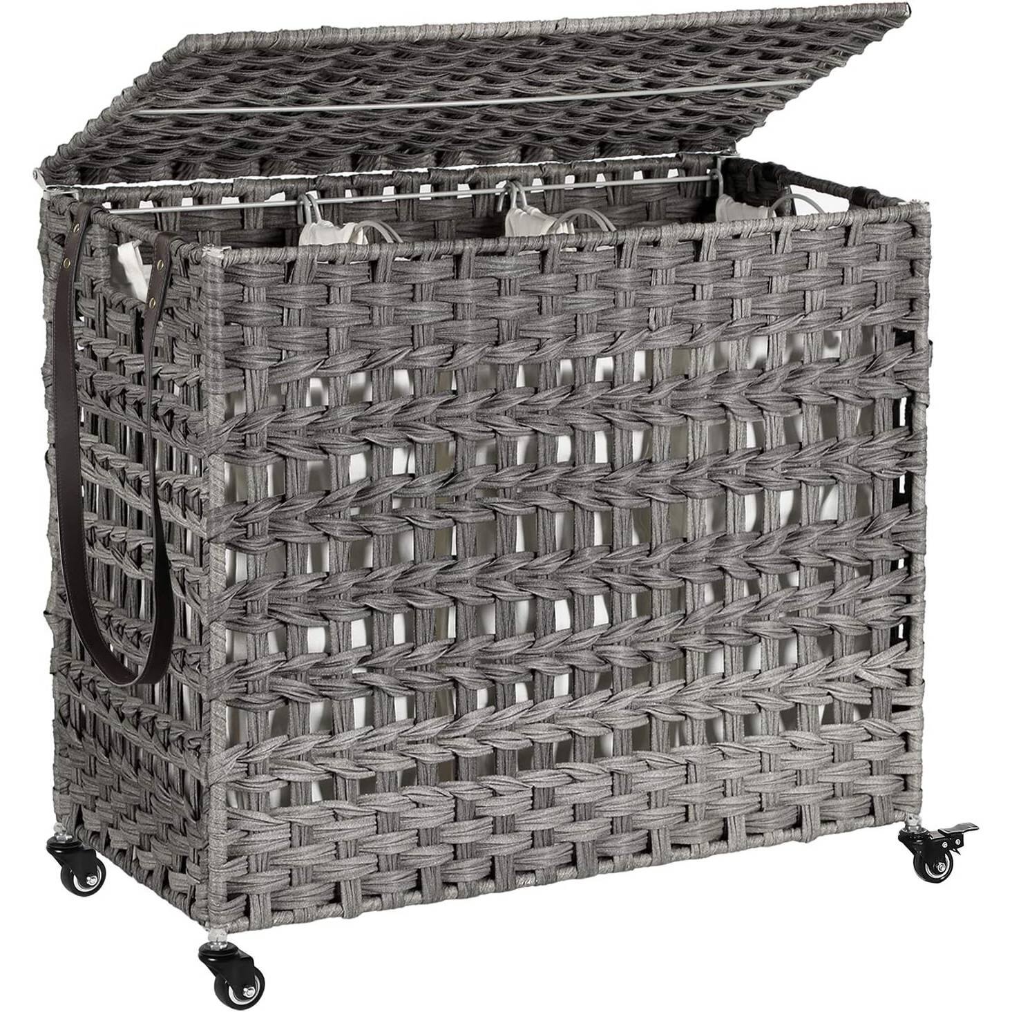 Left. Hivvago - Grey PP Rattan 3-Basket Laundry Hamper Sorter Cart with Removable Cotton Bags - Gray.