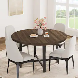 Acekool - 47" Round Dining Table for 4, Modern Industrial Kitchen Table with Thick Tabletop & Sturdy Metal Base - Brown