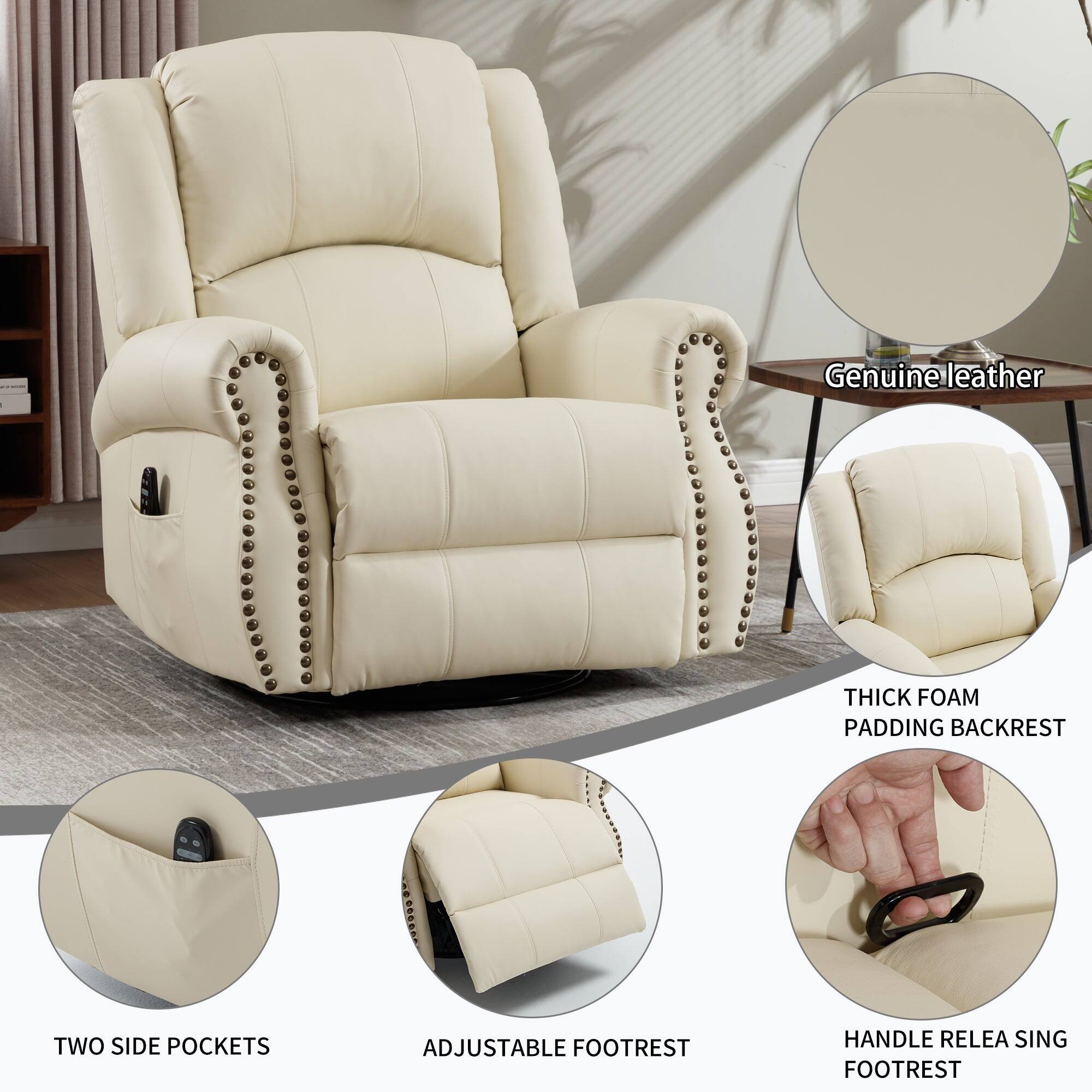 - Genuine leather
- Thick foam padding backrest
- Two side pockets
- Adjustable footrest
- Handle releasing footrest