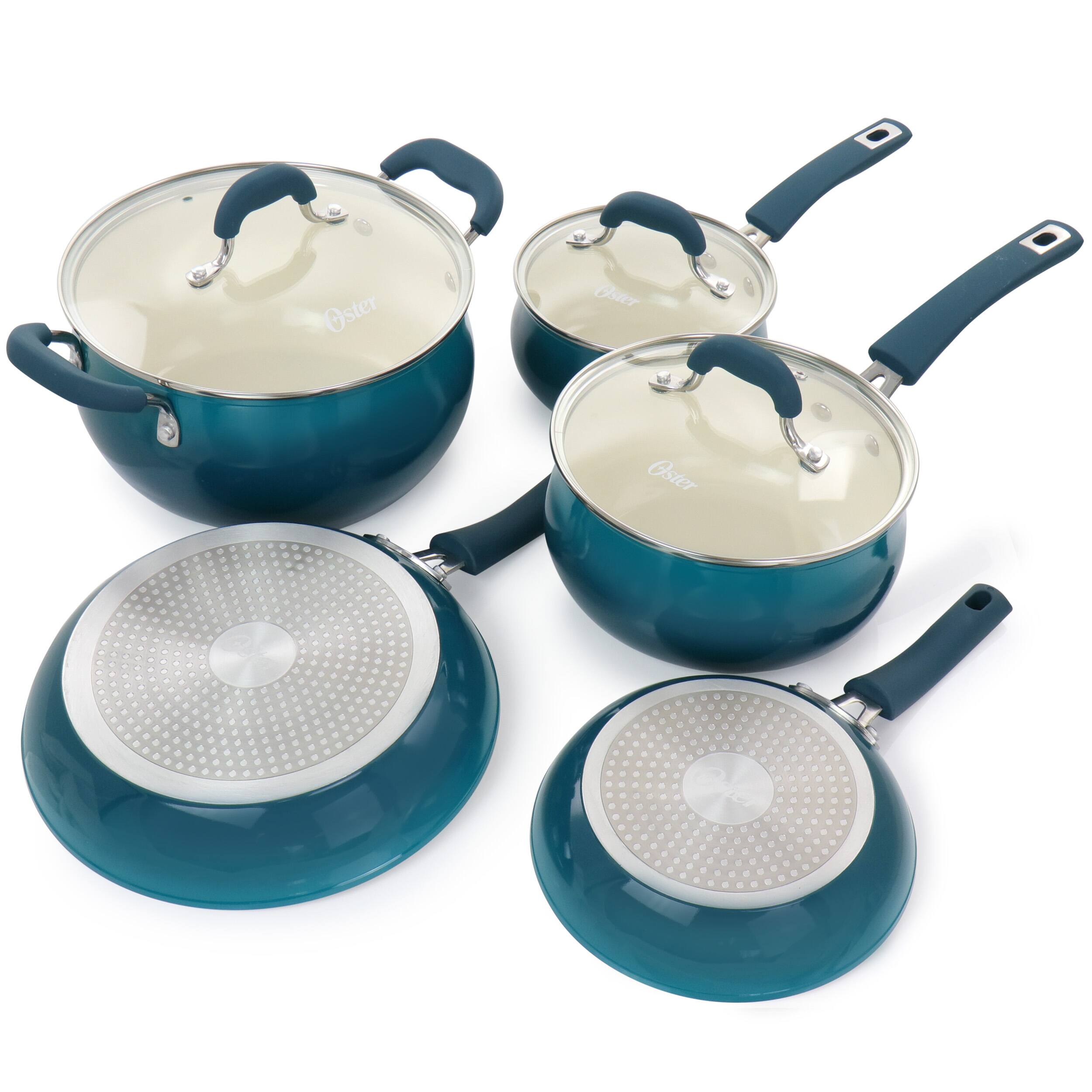 The image features a set of four blue pots and pans, including a large pot and three smaller pans. The pots and pans are made by Oster, a well-known brand in the kitchenware industry. The pots and pans are arranged neatly on a white background, showcasing their sleek design and vibrant blue color. This set is likely used for cooking various dishes, providing a versatile and functional addition to any kitchen.
