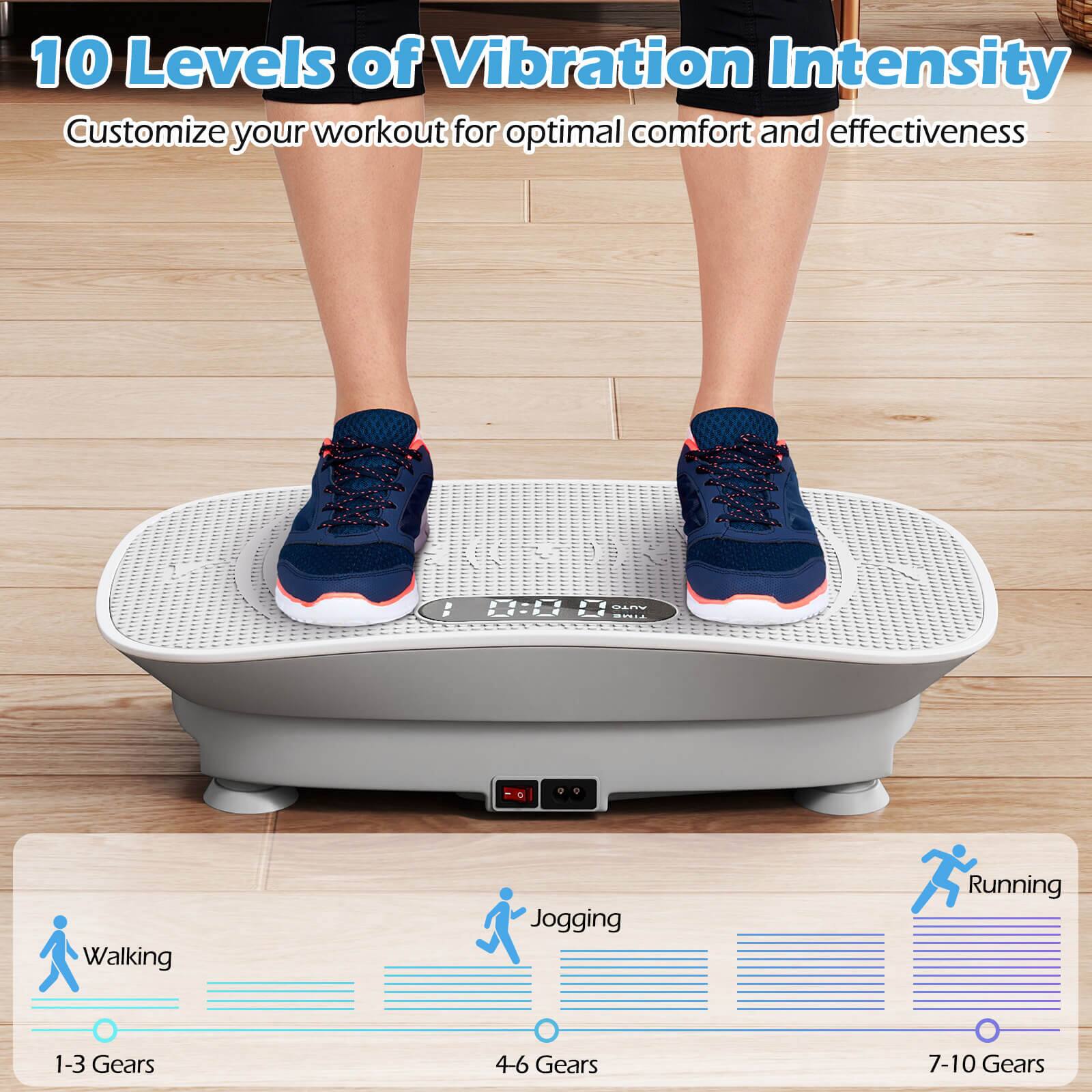 10 Levels of Vibration Intensity  
Customize your workout for optimal comfort and effectiveness  

Walking  
1-3 Gears  

Jogging  
4-6 Gears  

Running  
7-10 Gears