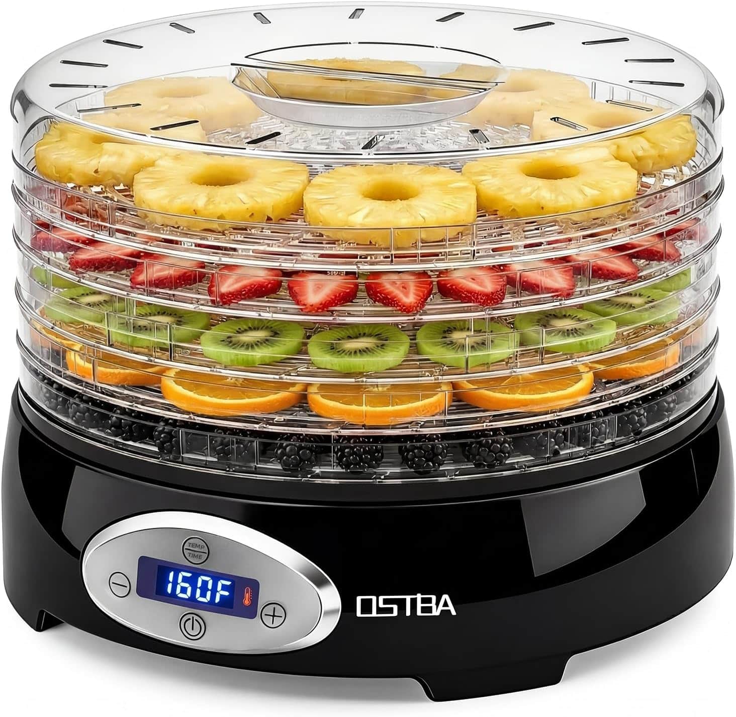OSTBA - Food Dehydrator, 5 BPA-Free 12.2" Trays, Adjustable Temp 95–160℉, 48H Timer for Fruits, Veggies, Jerky, Herbs - Clear/Black