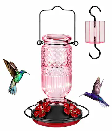 Front. PRIMEPLUS - Glass Hummingbird Feeder 16oz, Outdoor with Ant Moat, 4 Bee-Proof Ports, Leak-Proof & Easy Clean - Pink.