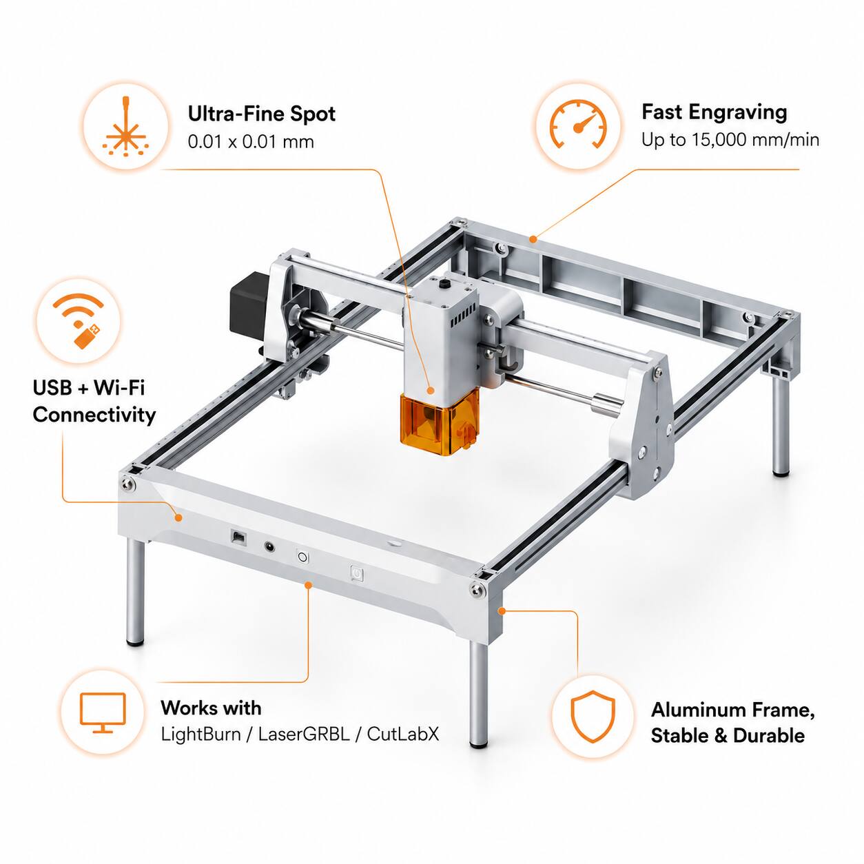 Ultra-Fine Spot 0.01 x 0.01 mm  
Fast Engraving Up to 15,000 mm/min  
USB + Wi-Fi Connectivity  
Works with LightBurn / LaserGRBL / CutLabX  
Aluminum Frame, Stable & Durable