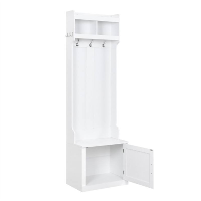 Front. ALEXOUN - Slim Hall Tree with Cabinet & 6 Hanging Hooks - Multi-functional Storage Bench with Coat Rack, Foyer Cabinet for Room - White.